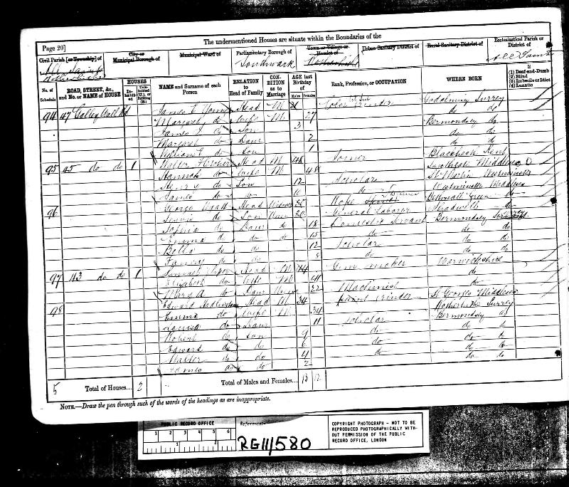UKCensus 1881 Rotherhithe, Southwark, London RG11/580/20 (James Young)